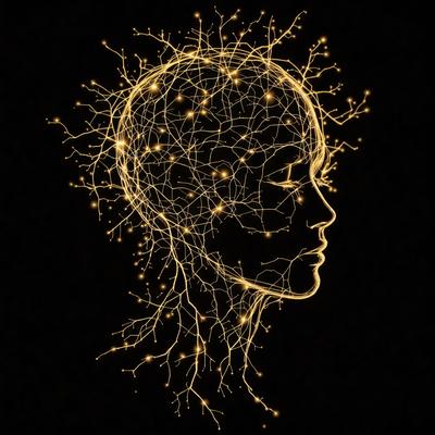 The primary subject of the image is a close-up of a woman's head, with a focus on her brain and the neural connections. The setting is a dark background, which highlights the woman's face and the intricate details of her brain. The visual style is a combination of digital art and illustration, creating a striking and detailed representation of the human brain. The colors and mood of the image are predominantly dark, with the bright lights of the neural connections providing a contrasting and captivating effect.